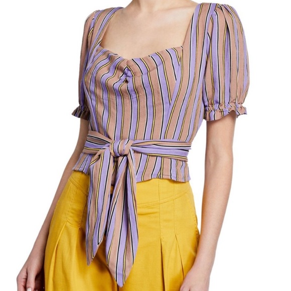 Moon River Tops - Moon River Striped Belted Crop Top Purple Small
